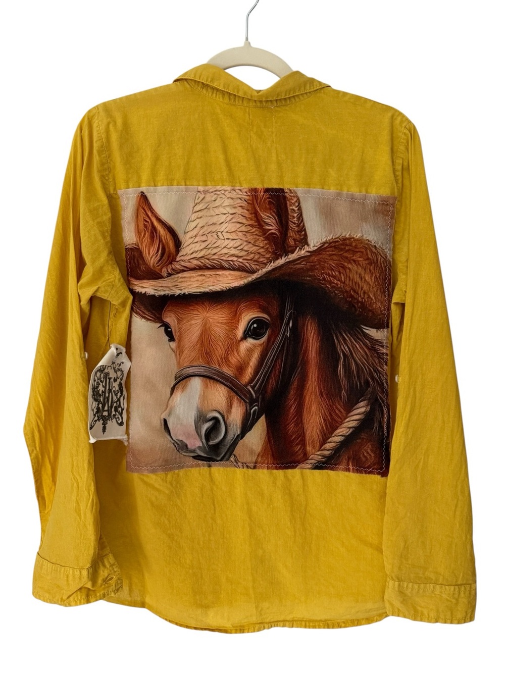 One of a Kind Custom Upcycled Button Up Shirt Pony Artwork Patch Size Large